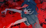  black_eyes blood blood_splatter chinese_clothes commentary_request fang hat meimaru_inuchiyo miyako_yoshika ofuda outstretched_arms red_background short_hair solo tongue tongue_out touhou upper_body zombie_pose 