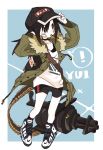  1girl aidia_(aida443) ammunition bandaid bandaid_on_face bike_shorts black_hair cap female food gatling_gun gun hat jacket original pocky shoes sneakers solo weapon 