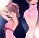  armpits arms_behind_head arms_up ass back backlighting blue_eyes blush bow breasts brown_hair chemise commentary_request condom condom_in_mouth eyebrows_visible_through_hair gradient gradient_background hairband hakkaku_shikimi heart heart-shaped_pupils highres idolmaster idolmaster_cinderella_girls lingerie looking_at_viewer medium_breasts mouth_hold multiple_views navel nipples panties red_bow red_hairband red_panties sakuma_mayu see-through smile symbol-shaped_pupils thong tongue tongue_out underwear 