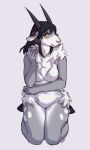  2018 anthro black_hair breasts caprine chest_tuft dakota_(kaggy1) featureless_breasts female fur grey_fur hair horn kneeling looking_at_viewer lukiri mammal multicolored_fur sheep slightly_chubby solo tuft white_fur yellow_eyes 