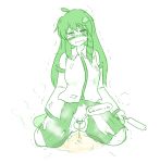  balls censored crying embarrassed food frog green green_eyes long_hair nervous pee_puddle peeing penis pointless_censoring popsicle ripped_skirt sad skirt tears trap trembling 