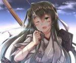  baretto_(firearms_1) blue_sky blush bow_(weapon) cloud cloudy_sky commentary_request crying crying_with_eyes_open eyebrows_visible_through_hair green_eyes green_hair hair_between_eyes headband japanese_clothes kantai_collection kimono long_hair long_sleeves looking_at_viewer one_eye_closed open_mouth remodel_(kantai_collection) sky solo tears torn_clothes torn_kimono weapon zuikaku_(kantai_collection) 