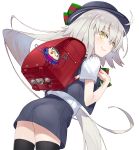  ahoge ass backpack bag bangs black_legwear blue_hat blue_skirt blue_vest blush bow caster_(fate/zero) closed_mouth commentary_request crime_prevention_buzzer eyebrows_visible_through_hair fate/grand_order fate_(series) green_bow hair_between_eyes hat hat_bow hayashi_kewi jeanne_d'arc_(fate)_(all) jeanne_d'arc_alter_santa_lily long_hair looking_at_viewer looking_back randoseru shirt short_sleeves silver_hair skirt smile solo striped striped_bow thighhighs very_long_hair vest white_shirt yellow_eyes 