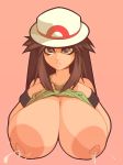  1girl areolae bare_shoulders blue_(pokemon) breasts brown_eyes brown_hair commission female green_shirt hands_on_own_chest hands_up hat highres huge_breasts lactation large_areolae lifted_by_self lips long_hair matching_hair/eyes mystical nipples outline parted_lips pokemon pokemon_(game) pokemon_frlg red_background shirt shirt_lift simple_background sleeveless sleeveless_shirt solo teeth upper_body white_hat white_outline wristband 