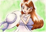  brown_hair commentary_request dress hair_ornament hairpin hat hat_removed headwear_removed holding holding_hat lady_(pokemon) marker_(medium) npc_trainer oka_mochi pokemon pokemon_(game) pokemon_bw sleeveless sleeveless_dress sun_hat traditional_media watercolor_(medium) 