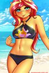  2018 absurd_res beach bikini blush clothing cloud digital_media_(artwork) equestria_girls equine eyelashes female hair hi_res horn long_hair looking_at_viewer mammal multicolored_hair my_little_pony navel outside seaside solo sunset_shimmer_(eg) swimsuit tongue tongue_out twistedscarlett60 two_tone_hair unicorn water 