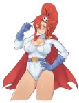  bare_legs belt blue_gloves breasts cape cleavage cleavage_cutout cosplay cropped_legs dc_comics gloves hair_ornament hair_stick hand_on_hip high_ponytail large_breasts leotard long_sleeves power_girl power_girl_(cosplay) red_hair sidelocks skull_hair_ornament solo splayter superhero tengen_toppa_gurren_lagann toon white_leotard yoko_littner 