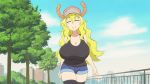  ^_^ animated animated_gif baseball_cap blonde_hair blue_sky blush bouncing bouncing_breasts breasts cleavage closed_eyes cloud cloudy_sky day denim denim_shorts dragon_girl fence flou hat huge_breasts kobayashi-san_chi_no_maidragon large_breasts long_hair outdoors plant quetzalcoatl_(maidragon) shorts sky smile solo tank_top thighhighs tree upper_body 