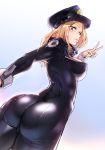  ass black_bodysuit blonde_hair blush bodysuit boku_no_hero_academia breasts commentary from_behind half-closed_eyes hat highres kidmukuro large_breasts looking_at_viewer looking_back parted_lips pink_lips police_hat shiny shiny_clothes sideboob skin_tight solo unzipped utsushimi_kemii v 