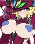  arm_up blonde_hair blue_eyes blush breasts breasts_outside carol_malus_dienheim commentary_request covered_nipples elbow_gloves frills gloves hair_between_eyes hat heart_pasties kuro_mushi large_breasts looking_at_viewer mole mole_under_eye pasties purple_gloves senki_zesshou_symphogear shiny shiny_hair shiny_skin short_hair simple_background solo sweat upper_body white_background witch_hat 