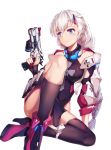  absurdres bangs benghuai_xueyuan black_legwear blue_eyes bodysuit boots braid breasts gun handgun high_heel_boots high_heels highres holding holding_gun holding_weapon honkai_impact kallen_kaslana large_breasts long_hair looking_at_viewer pistol silver_hair single_sock single_thighhigh sitting skindentation socks solo thighhighs tied_hair transparent_background weapon zombie-andy 