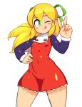  1girl ;p blonde_hair blush_stickers breasts covered_nipples cowboy_shot dress green_eyes nisetanaka one_eye_closed rockman rockman_(classic) roll small_breasts smile solo tongue tongue_out v 
