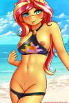  2018 absurd_res anthro areola beach bikini blush breasts clothing cloud digital_media_(artwork) equestria_girls equine eyelashes female fur hair hi_res horn long_hair looking_at_viewer mammal multicolored_hair my_little_pony navel nipples outside pussy seaside solo sunset_shimmer_(eg) swimsuit tongue tongue_out twistedscarlett60 two_tone_hair unicorn water 