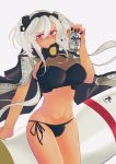  anno88888 asahi_breweries beer_can bikini breasts can capelet cartridge cleavage collar commentary_request dark_skin glasses hair_between_eyes headgear highres holding kantai_collection large_breasts musashi_(kantai_collection) navel pointy_hair red_eyes semi-rimless_eyewear short_hair_with_long_locks swimsuit twintails two_side_up under-rim_eyewear 