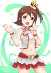  :d absurdres bandeau bangs bare_shoulders blush brown_eyes brown_hair collared_vest commentary_request crown eyebrows_visible_through_hair feiyyx grey_skirt grey_vest hands_up highres idolmaster idolmaster_million_live! kasuga_mirai looking_at_viewer midriff mini_crown multicolored multicolored_clothes multicolored_skirt navel one_side_up open_mouth red_skirt skirt smile solo star striped striped_bandeau tilted_headwear v vest 