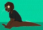  2018 anthro black_nose bottomless brown_fur clothed clothing digital_drawing_(artwork) digital_media_(artwork) drooling fangs female fur green_background hair hi_res mammal mustelid otter pattern_background plushkinn saliva signature simple_background smile solo tongue tongue_out 