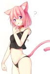  ? animal_ear_fluff animal_ears black_camisole black_panties camisole cat_ears cat_tail chain collar crop_top finger_to_mouth highres leash lowleg lowleg_panties meimei_(suiginto6106) navel open_mouth original panties pink_hair purple_eyes short_hair solo strap_slip tail underwear underwear_only 