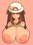 1girl areolae bare_shoulders blue_(pokemon) breasts brown_eyes brown_hair commission female green_shirt hands_on_own_chest hands_up hat highres huge_breasts large_areolae lifted_by_self lips long_hair matching_hair/eyes mystical nipples outline parted_lips pokemon pokemon_(game) pokemon_frlg red_background shirt shirt_lift simple_background sleeveless sleeveless_shirt solo teeth upper_body white_hat white_outline wristband 