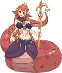  :d anubis_(monster_girl_encyclopedia) anubis_(monster_girl_encyclopedia)_(cosplay) cosplay full_body jewelry lamia long_hair looking_at_viewer miia_(monster_musume) monster_girl monster_girl_encyclopedia monster_musume_no_iru_nichijou navel necktie open_mouth pointy_ears red_hair rtil scales simple_background smile solo staff stomach stomach_tattoo sword tattoo very_long_hair weapon white_background yellow_eyes 