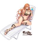  bangs bare_shoulders beach_chair bikini blush breasts brown_hair choker cleavage commentary_request cup drinking_glass drinking_straw earrings eyebrows_visible_through_hair food fruit full_body gang_of_heaven halterneck high_heels holding jewelry large_breasts lips logo long_hair looking_at_viewer lying makeup masami_chie multi-strapped_bikini nail_polish navel official_art on_side one_eye_closed orange orange_slice parted_lips purple_eyes shiny shiny_hair shiny_skin simple_background solo swimsuit tattoo tropical_drink white_background 