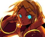  bare_shoulders blonde_hair blue_eyes bow detached_sleeves expressionless face glowing glowing_eyes hair_bow hands_on_own_face headphones kagamine_rin looking_at_viewer open_mouth short_hair simple_background solo sugikiyu upper_body vocaloid white_background 