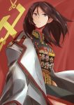  alternate_costume bangs black_hair black_jacket blue_eyes closed_mouth commentary cosplay emblem epaulettes georgy_zhukov georgy_zhukov_(cosplay) girls_und_panzer gold_trim high_collar highres jacket jacket_on_shoulders light_frown long_hair looking_at_viewer medal military military_uniform nonna parody pravda_(emblem) russian_commentary solo standing suo_(sndrta2n) swept_bangs the_death_of_stalin uniform white_jacket wind 