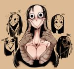  animal_humanoid avian avian_humanoid black_hair blush breasts brown_background brown_eyes creepy cute dialogue doppel english_text female front_view hair hi_res humanoid light_skin long_hair looking_at_viewer messy_hair momo_(creepypasta) nude pale_skin simple_background smile solo text wide_eyed 