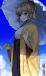  blue_eyes blue_sky cloud commentary_request cowboy_shot day drill_hair hair_ribbon hatakaze_(kantai_collection) japanese_clothes kantai_collection kimono meiji_schoolgirl_uniform ponytail red_ribbon ribbon shade short_hair sky solo tareme twitter_username umbrella yamashiki_(orca_buteo) 