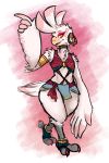 2017 anklet anthro armlet avian beak bird breath_of_the_wild clothed clothing cockatoo collar crossdressing dovne dovne_(character) ear_piercing eyeshadow feathers footwear gerudo_outfit girly jewelry looking_at_viewer makeup male nintendo parrot piercing pink_theme rito simple_background smile solo talons the_legend_of_zelda video_games white_background white_feathers yellow_eyes 