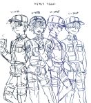  black_eyes collared_shirt contrapposto cup disposable_cup gyulkkeobjil hair_over_eyes hair_over_one_eye hand_on_hip hat hataraku_saibou highres index_finger_raised korean looking_at_viewer male_focus monochrome multiple_boys open_mouth shaded_face shirt sketch smile standing u-1146 u-2048 u-2626 u-4989 white_blood_cell_(hataraku_saibou) 