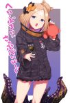  abigail_williams_(fate/grand_order) alternate_hairstyle bandaid_on_forehead bangs belt black_bow black_jacket blonde_hair blue_eyes border bow commentary_request fate/grand_order fate_(series) forehead hair_bow hair_bun heroic_spirit_traveling_outfit high_collar highres holding holding_stuffed_animal jacket kio_(yumekuikio) long_hair looking_at_viewer open_mouth orange_bow over_shoulder parted_bangs polka_dot polka_dot_bow purple_background sleeves_past_fingers sleeves_past_wrists solo stuffed_animal stuffed_toy teddy_bear tentacles thighs translation_request white_border 