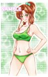  bikini bishoujo_senshi_sailor_moon blush breasts brown_hair cleavage collarbone commentary_request earrings green_bikini green_eyes hair_bobbles hair_ornament hand_on_hip highres jewelry jirou_sora kino_makoto large_breasts medium_hair navel ponytail rose_earrings sample smile solo swimsuit traditional_media 