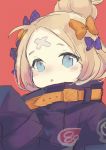  :o abigail_williams_(fate/grand_order) bangs black_bow black_jacket blonde_hair blue_eyes blush bow commentary_request fate/grand_order fate_(series) hair_bow hair_bun hand_up heroic_spirit_traveling_outfit highres jacket long_hair long_sleeves looking_at_viewer orange_bow parted_bangs parted_lips polka_dot polka_dot_bow red_background sha2mo simple_background sleeves_past_fingers sleeves_past_wrists solo very_long_hair 