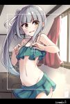  bikini blush book breasts commentary_request eyebrows_visible_through_hair green_bikini grey_hair highres indoors kantai_collection kasumi_(kantai_collection) long_hair looking_at_viewer open_mouth room side_ponytail small_breasts solo soramuko swimsuit viewfinder window yellow_eyes 