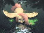  2018 equine feathered_wings feathers female feral fluttershy_(mlp) friendship_is_magic grass hair hi_res long_hair looking_at_viewer mammal my_little_pony pegasus reflection solo spread_wings ukulilia url water wings 