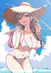  aqua_eyes arm_behind_back bangs bikini black_hair blue_sky braid breasts character_request cloud collaboration copyright_request cowboy_shot day hair_over_shoulder hat highres hips large_breasts long_hair midriff navel ocean open_mouth sherumaru_(korcht06) side_braid sky smile solo straw_hat summer sun_hat swimsuit teeth water white_bikini 
