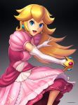  artist_name blonde_hair blue_eyes breasts commentary crown dress earrings elbow_gloves english_commentary gloves hybridmink jewelry lace lace-trimmed_dress lace_gloves layered_dress long_hair looking_at_viewer mario_(series) open_mouth pink_dress princess_peach smile solo super_mario_bros. super_smash_bros. white_gloves 