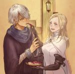  1girl apple bandages blonde_hair blush cloak dress e_f_regan826 food fringe_trim fruit gloves hair_over_one_eye jewelry long_hair octopath_traveler open_mouth ophilia_(octopath_traveler) scarf short_hair smile therion_(octopath_traveler) translation_request 