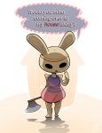  2013 animal_crossing animate_inanimate anthro axe bad_idea barefoot biped bracelet building clothed clothing coco_(animal_crossing) creepy curlypie dialogue digital_drawing_(artwork) digital_media_(artwork) dress empty_eyes featureless_feet female flat_chested front_view full-length_portrait gyroid hand_behind_back holding_object holding_weapon house imminent_doom jewelry lagomorph looking_down mammal melee_weapon nintendo outside pink_clothing portrait purple_clothing rabbit shadow simple_background solo sparkle speech_bubble standing toony video_games weapon white_background 