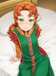  bed bed_sheet blush bonnet breasts closed_mouth collarbone commentary_request curly_hair dragon_quest dragon_quest_vii dress fantasy fingernails gold_trim green_eyes hair_intakes jewelry long_hair long_sleeves looking_at_viewer maribel_(dq7) on_bed orange_hair pillow ring shikuta_maru sitting small_breasts smile solo wooden_floor 