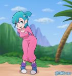  1girl animated animated_gif aqua_hair artist_request blush bouncing_breasts breasts bulma curvy dragon_ball grass long_hair medium_breasts nipples nude pussy shiny shiny_skin shoes side_ponytail sky solo standing 