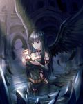  absurdres bangs black_hair black_wings blue_eyes breasts choker cleavage closed_mouth detached_sleeves dress feathers gem highres hourglass jewelry light limit_x long_hair long_sleeves looking_away medium_breasts original partially_submerged revision solo standing wading wings 