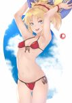  arms_up ball beachball bikini blonde_hair blue_sky cloud cowboy_shot darahan day fate/grand_order fate_(series) front-tie_bikini front-tie_top green_eyes hair_ornament hair_scrunchie looking_at_viewer mordred_(fate)_(all) mordred_(swimsuit_rider)_(fate) ponytail red_bikini red_scrunchie scrunchie side-tie_bikini sky solo swimsuit 