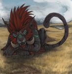  2014 ambiguous_gender black_lips claws day detailed_background digital_media_(artwork) ear_piercing feline feral grass hair mammal open_mouth outside paws piercing red_eyes red_hair shwonky sky smile solo teeth tongue tusks 