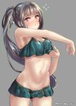  ass_visible_through_thighs bikini blush breasts brown_eyes closed_mouth commentary_request eyebrows_visible_through_hair flying_sweatdrops green_bikini grey_background grey_hair groin juurouta kantai_collection kasumi_(kantai_collection) long_hair looking_at_viewer navel side_ponytail simple_background small_breasts solo swimsuit twitter_username 
