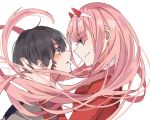  1girl bangs black_hair blue_eyes blush breasts commentary_request couple darling_in_the_franxx eyebrows_visible_through_hair eyes_visible_through_hair face-to-face facing_another floating_hair green_eyes hair_ornament hairband hand_on_another's_face hetero hiro_(darling_in_the_franxx) horns long_hair long_sleeves looking_at_another medium_breasts mekune military military_uniform oni_horns pink_hair red_horns uniform white_hairband zero_two_(darling_in_the_franxx) 