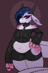  anthro black_clothing blue_hair breasts clothed clothing collar dovne ear_piercing eyeshadow female fingerless_gloves gloves goth hair half-closed_eyes hi_res horn kobold looking_at_viewer makeup midriff navel piercing red_eyes scalie shorts simple_background skimpy slightly_chubby solo thick_thighs 