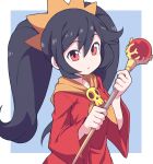  :o ashley_(warioware) bangs black_hair blue_background border commentary_request dress eyebrows_visible_through_hair hair_between_eyes hairband highres holding holding_staff long_hair long_sleeves looking_at_viewer nazonazo_(nazonazot) neckerchief orange_hairband orange_neckwear outside_border red_dress red_eyes shiny shiny_hair sidelocks simple_background skull solo staff twintails upper_body warioware white_border wide_sleeves 