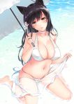  animal_ears atago_(azur_lane) ayase_hazuki azur_lane bangs beach bikini black_hair blush breasts brown_eyes cleavage closed_mouth collarbone commentary_request covered_nipples day extra_ears eyebrows_visible_through_hair groin hair_ribbon head_tilt holding holding_umbrella large_breasts long_hair looking_at_viewer mole mole_under_eye navel ocean parted_lips ribbon sand sarong sitting skindentation smile solo stomach sunlight swept_bangs swimsuit thighs umbrella wariza white_bikini white_ribbon 