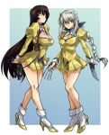  agent_aika aika_(series) bow braid breasts brown_hair cleavage cleavage_cutout commentary delmogeny_uniform dress golden_delmo gun hair_bow high_heels long_hair multiple_girls sania_(agent_aika) silver_hair skj socks tonia weapon yellow_dress 